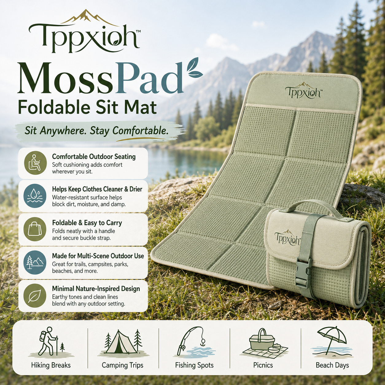 Tppxioh™ MossPad Foldable Sit Mat – Lightweight Hiking Seat Pad, Waterproof Outdoor Cushion, Camping Picnic Mat, Stadium & Trail Seat