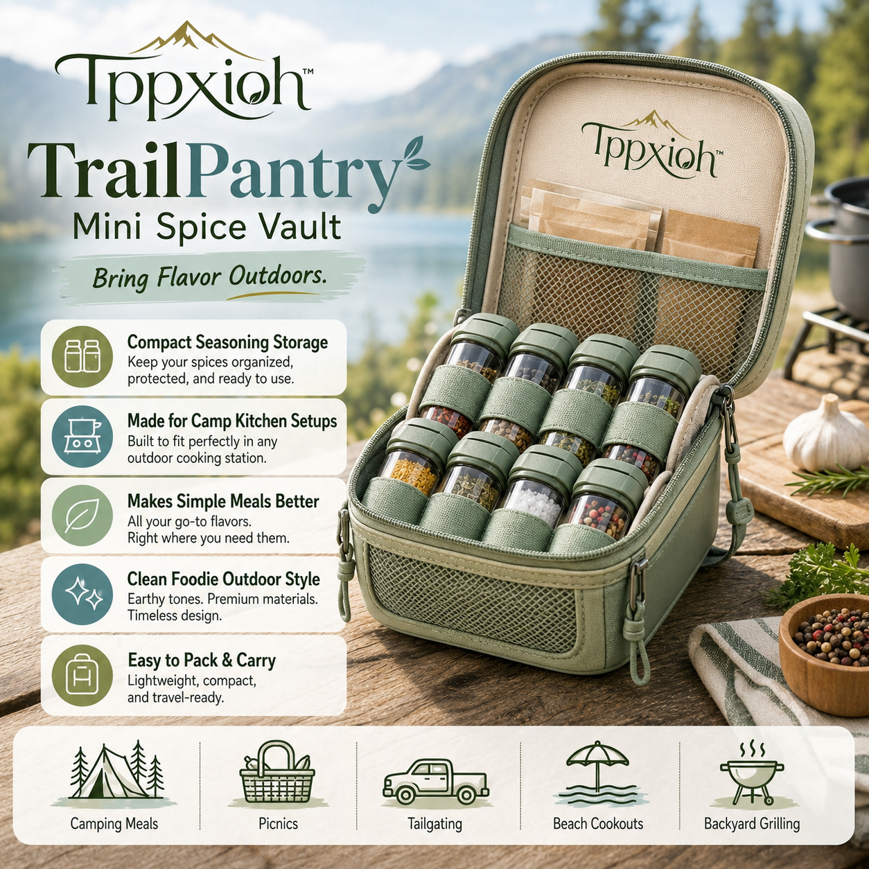 Tppxioh™ TrailPantry Mini Spice Vault – Portable Camping Spice Kit, Outdoor Cooking Seasoning Case, Picnic Condiment Organizer, Camp Kitchen Accessory