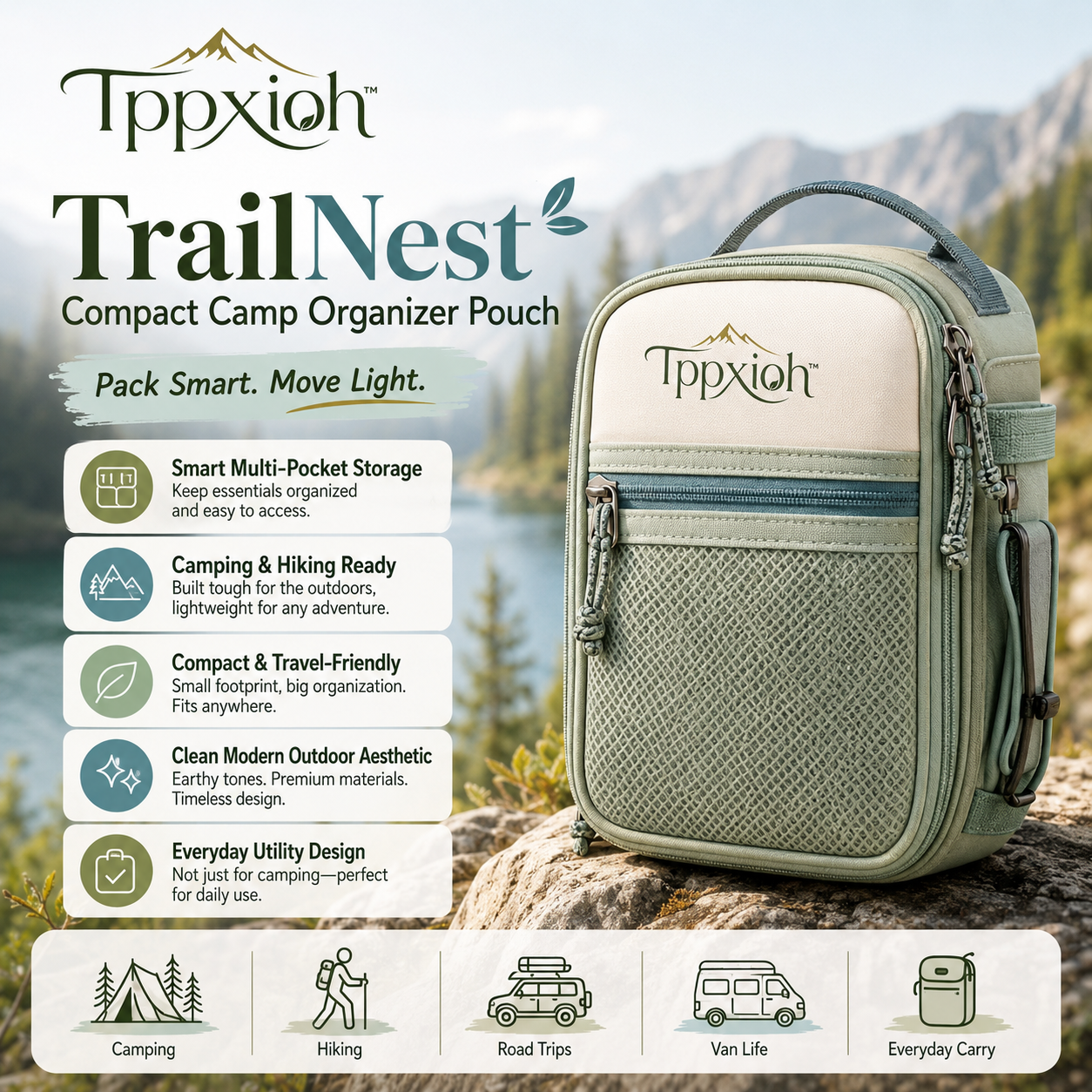 Tppxioh™ TrailNest Compact Camp Organizer Pouch – Lightweight Camping Storage Bag, Hiking Gear Organizer, Travel Accessory Case, Outdoor Utility Pouch